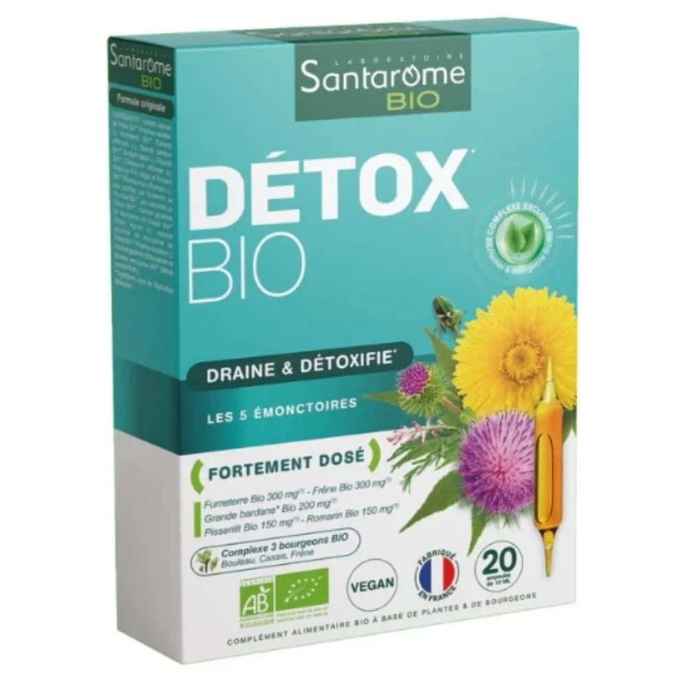 santarome-bio-detox-draine-et-detoxifie-ampoules-20u.jpg Boîte bleu turquoise Santarome Bio Détox draine et détoxifie, 20 ampoules