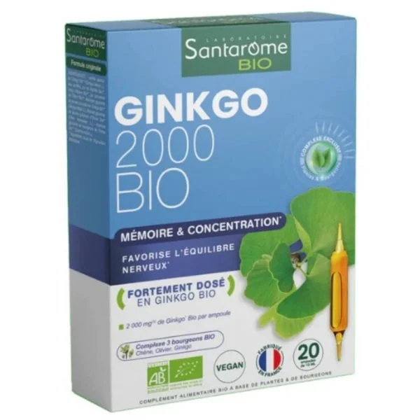 Boîte bleue Santarome Bio Ginkgo 2000 mémoire et concentration, 20 ampoules