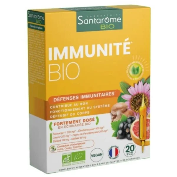 Boîte jaune Santarome Bio Immunité défenses immunitaires, 20 ampoules buvables