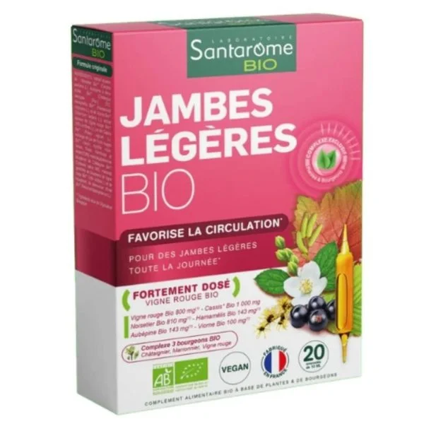 Boîte rose Santarome Bio Jambes Légères favorise la circulation, 20 ampoules