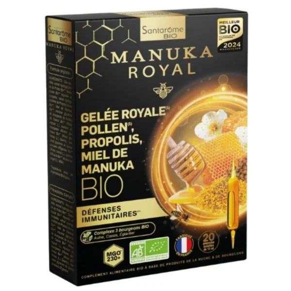 Boîte noire et dorée Santarôme Bio Manuka Royal, 20 ampoules buvables