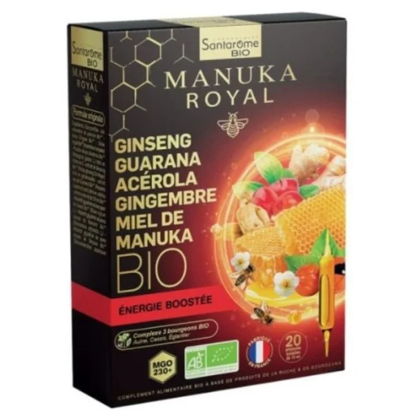 Boîte noire et dorée Santarome Bio Manuka Royal énergie boostée, 20 ampoules
