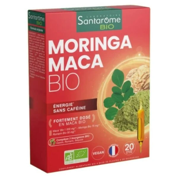 Boîte rouge Santarôme Bio Moringa Maca, 20 ampoules buvables sans caféine