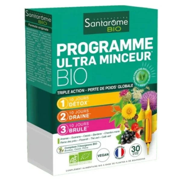Boîte verte Santarôme Bio Programme Ultra Minceur, 30 ampoules en trois étapes