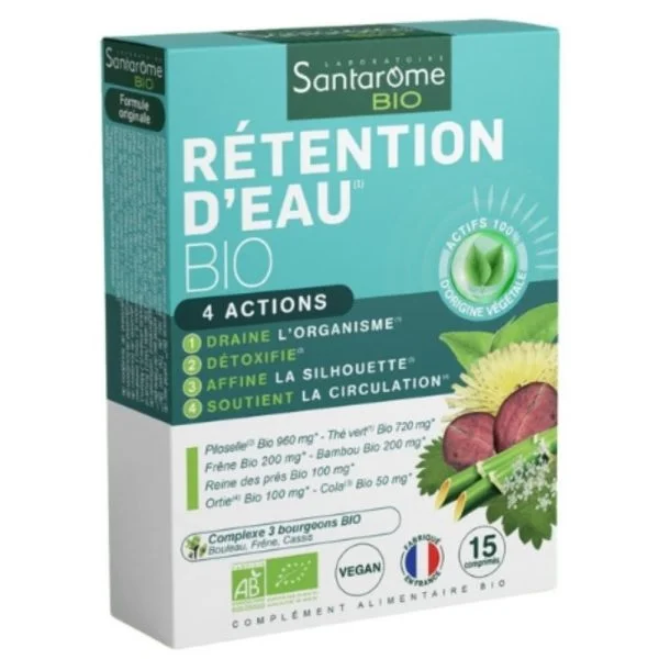 Boîte turquoise Santarôme Bio Rétention d'eau 4 Actions, quinze comprimés