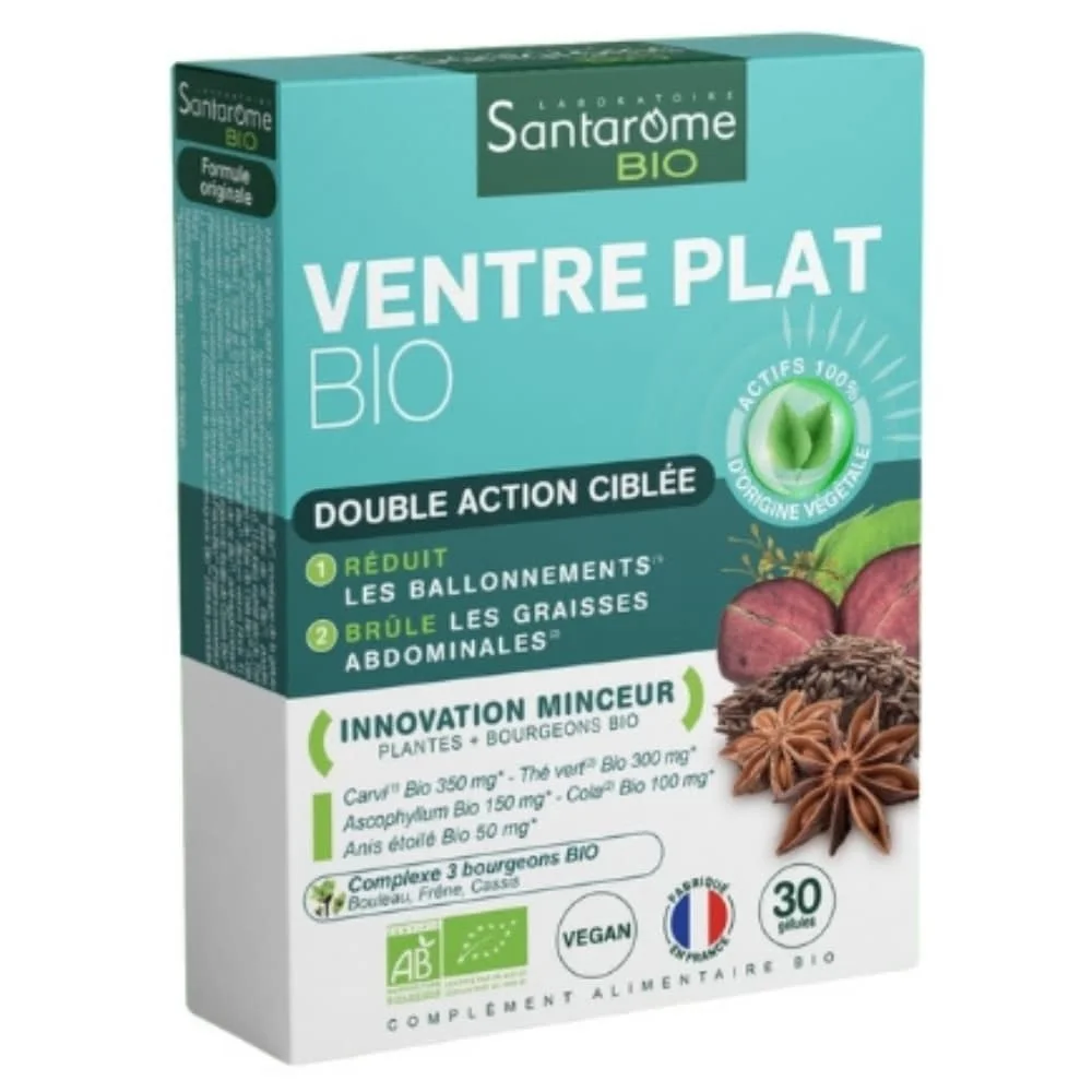 santarome-bio-ventre-plat-double-action-ciblee-30-gelules.jpg Boîte turquoise Santarôme Bio Ventre Plat, trente gélules vegan bio