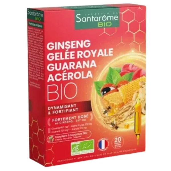 Boîte rouge Santarôme Bio Ginseng Gelée Royale Guarana Acérola, 20 ampoules