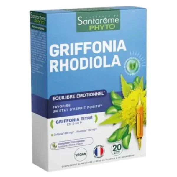 Boîte bleue Santarôme PHYTO Griffonia Rhodiola, 20 ampoules buvables de 10 ml