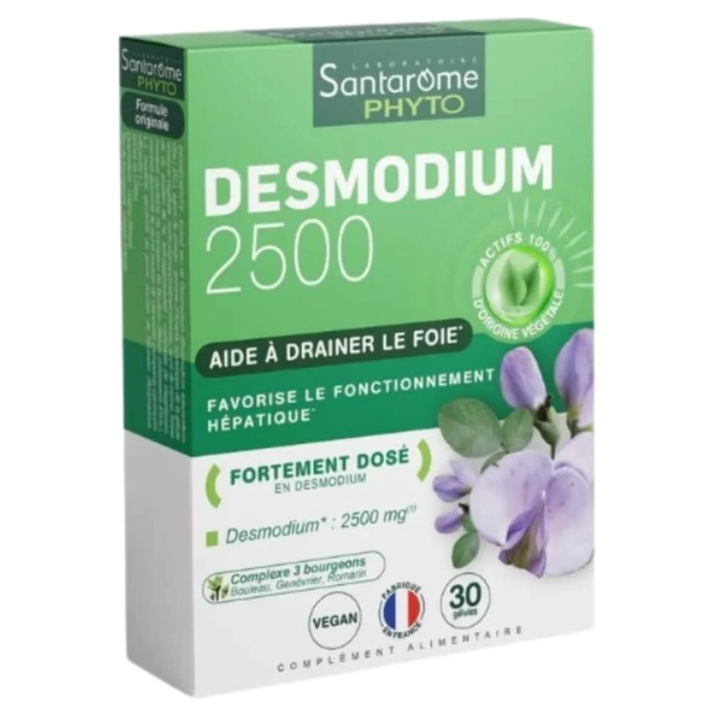 santarome-phyto-desmodium-2500-30-gelules.jpg Boîte verte Santarôme PHYTO Desmodium 2500, trente gélules vegan