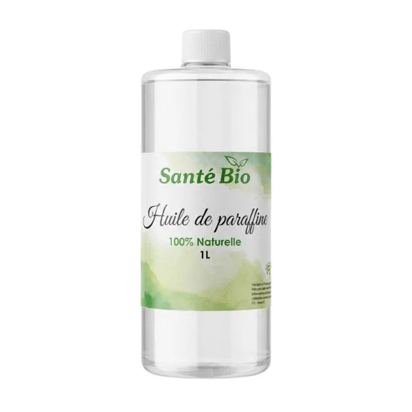Grand flacon transparent d'un litre d'huile de paraffine Santé Bio