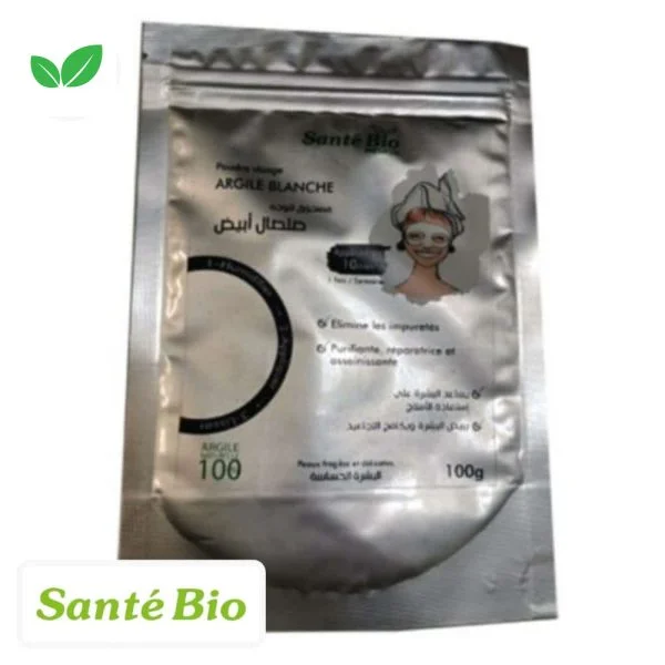 Sachet argenté refermable de poudre visage argile blanche Santé Bio 100 g