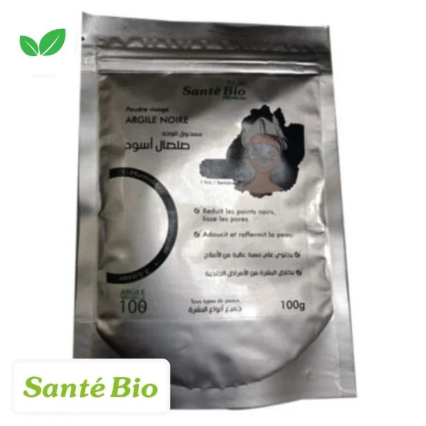 Sachet argenté refermable de poudre visage argile noire Santé Bio 100 g
