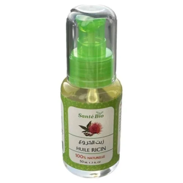 Flacon pompe transparent d'huile de ricin Santé Bio 50 ml étiquette bilingue