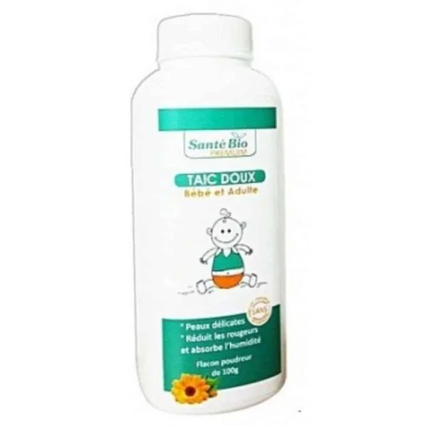 Flacon poudreur blanc et vert de talc doux Santé Bio Premium 100 g