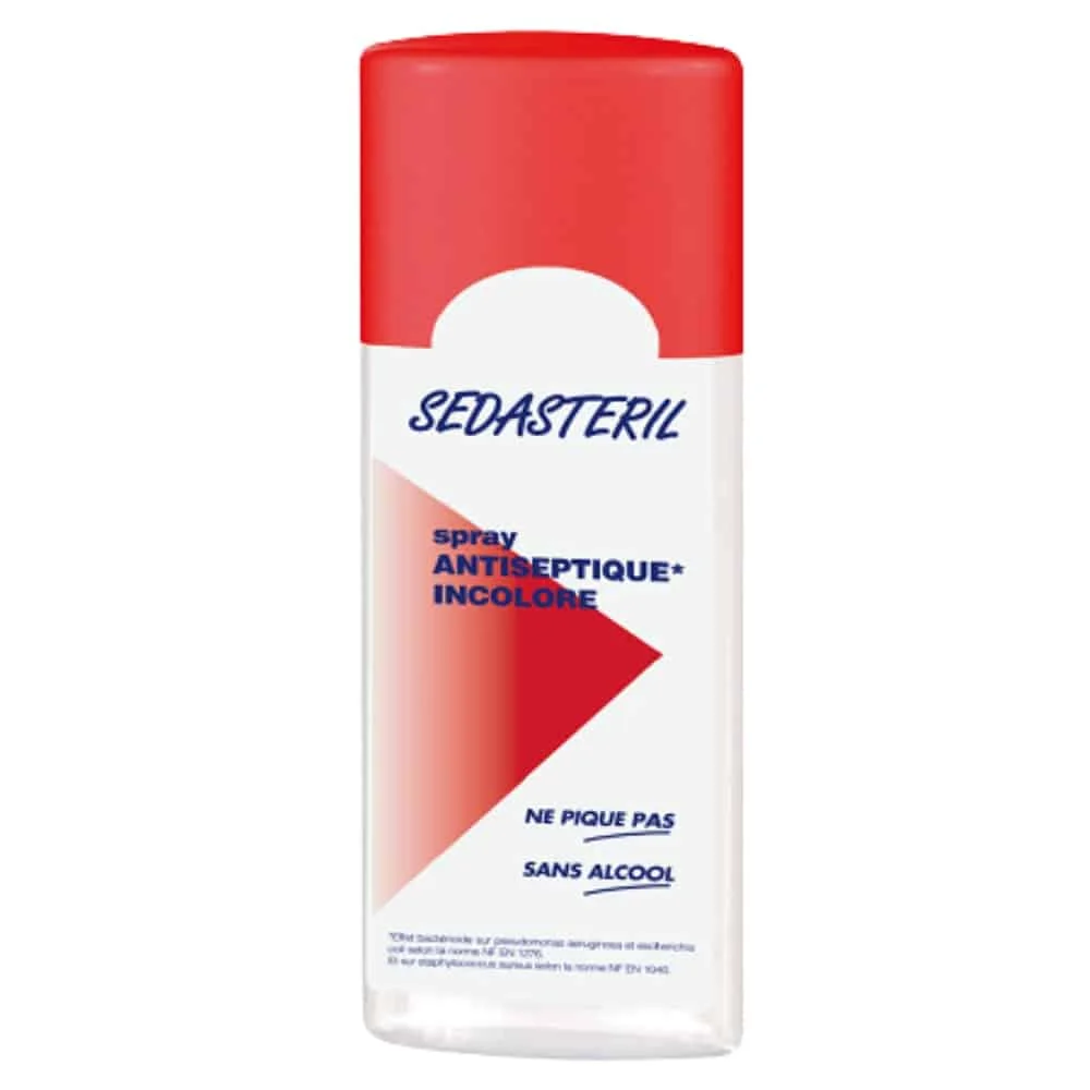 sedasteril-spray-antiseptique-incolore-100ml.jpg Flacon spray blanc et rouge Sedasteril antiseptique incolore 100 ml