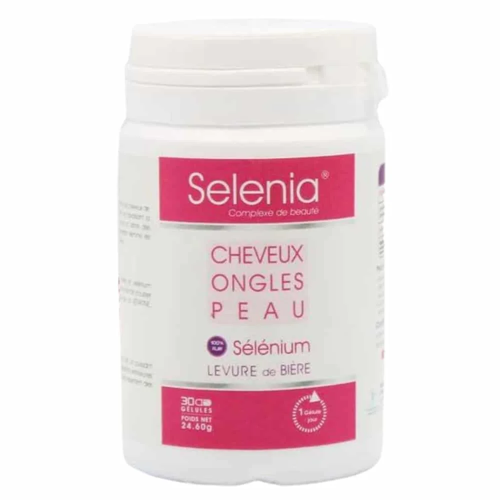 selenia-cheveux-ongles-et-peau-selenium-levure-de-biere-30-gelules.jpg Pot blanc et rose Selenia cheveux ongles peau, 30 gélules