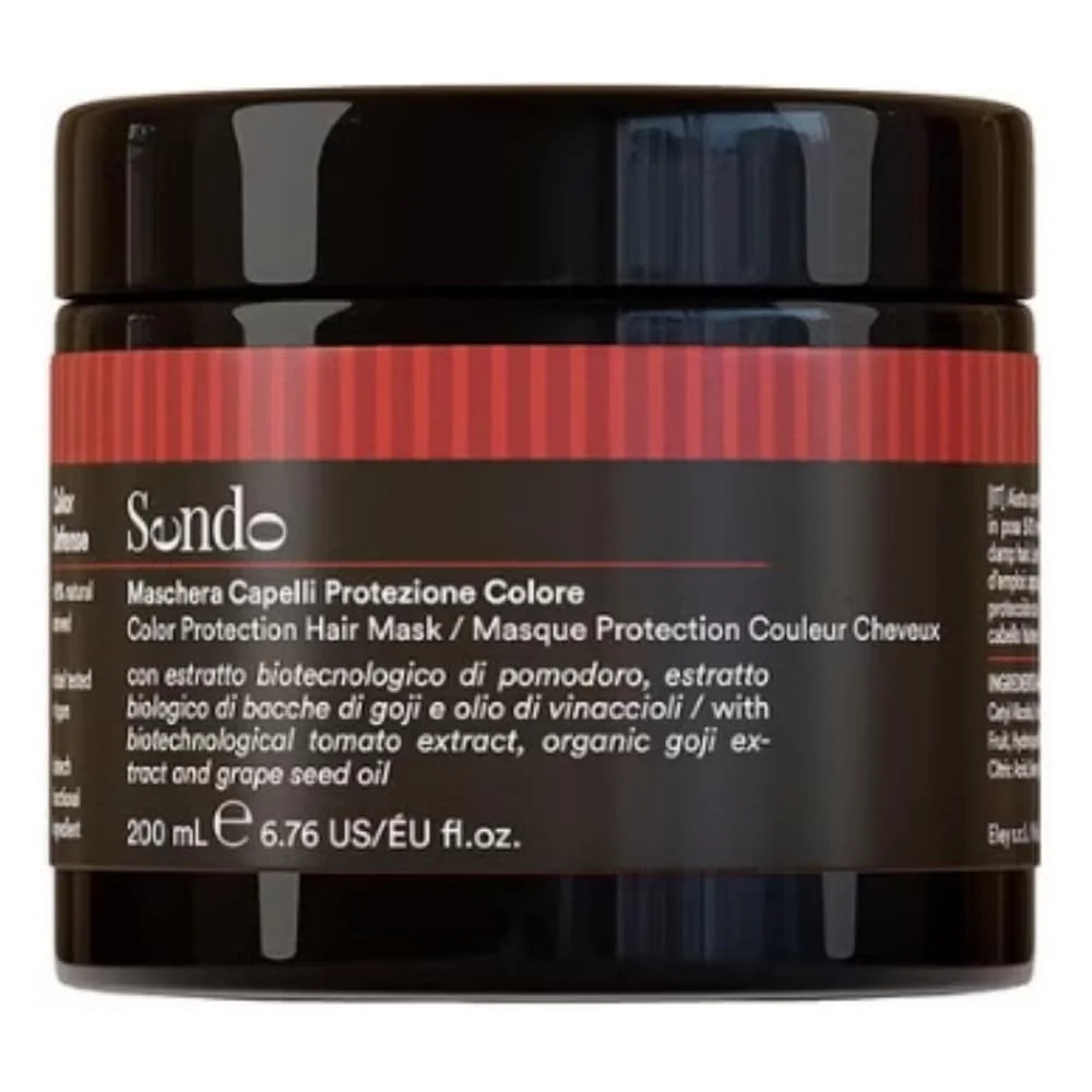 sendo-masque-protection-couleur-cheveux-200ml.jpg Pot brun à bandeau rouge Sendo Color Defense, masque cheveux colorés 200 ml