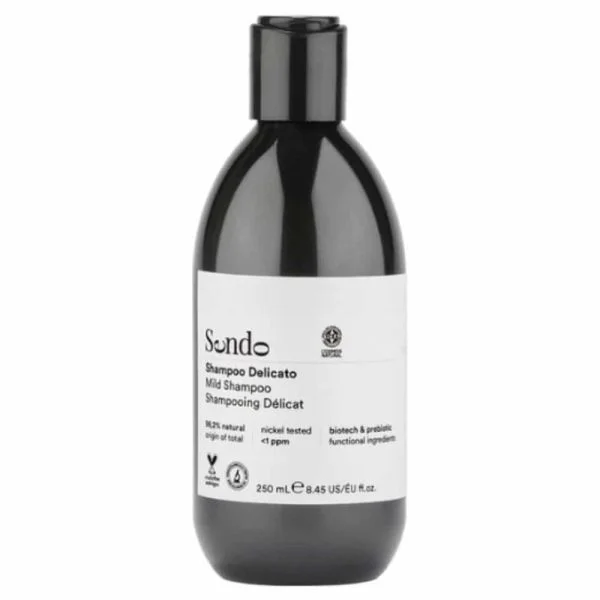 Flacon gris foncé à étiquette blanche Sendo, shampoing délicat 250 ml
