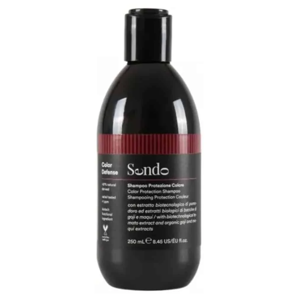 sendo-shampoing-protection-couleur-250ml.jpg Flacon noir à bandeau rouge Sendo Color Defense, shampoing protection couleur 250 ml