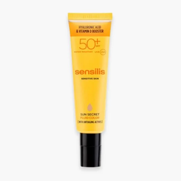 Tube jaune Sensilis Sun Secret Fluid Color SPF50+, fluide solaire teinté visage
