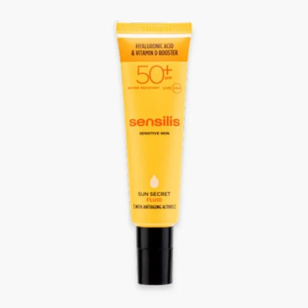 Tube jaune Sensilis Sun Secret Fluid SPF50+, fluide solaire visage, bouchon noir