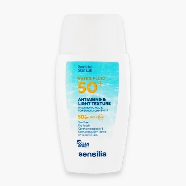 Flacon blanc Sensilis Water Fluid 50+, fluide solaire visage texture aqueuse 40 ml