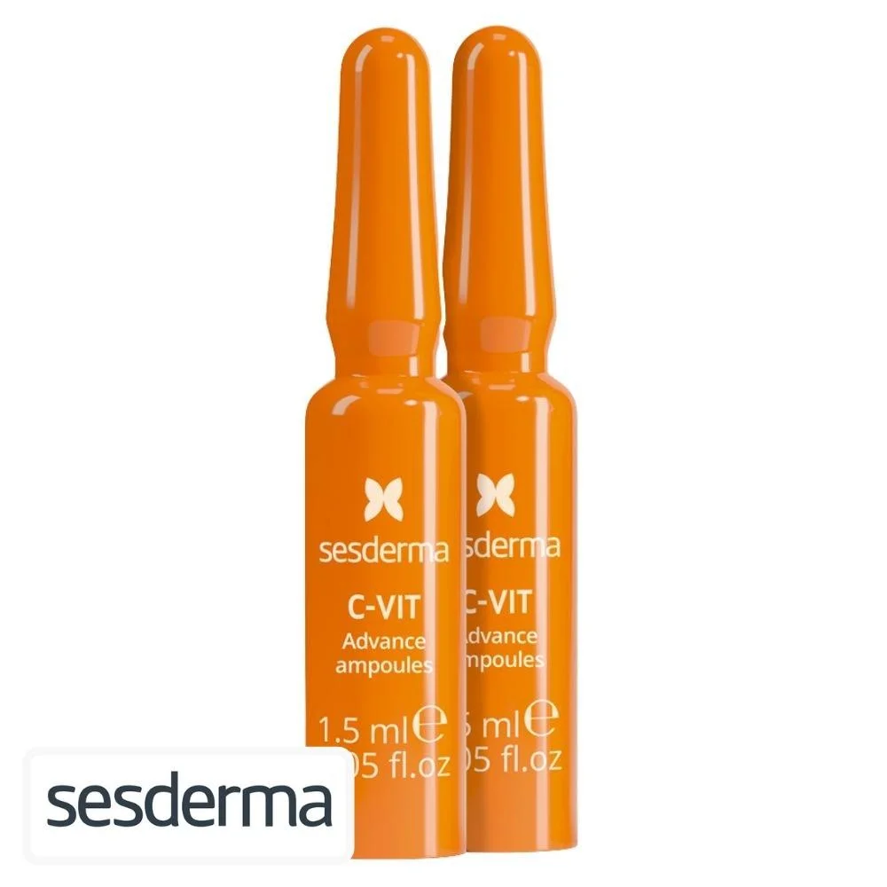 sesderma-c-vit-ampoules-serum-intensif-antiox-booster-eclat-10x15ml.jpg Deux ampoules orange Sesderma C-Vit Advance de 1,5 ml chacune