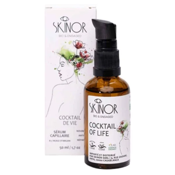 Flacon pompe ambré et étui Skinor Cocktail of Life sérum capillaire 50 ml