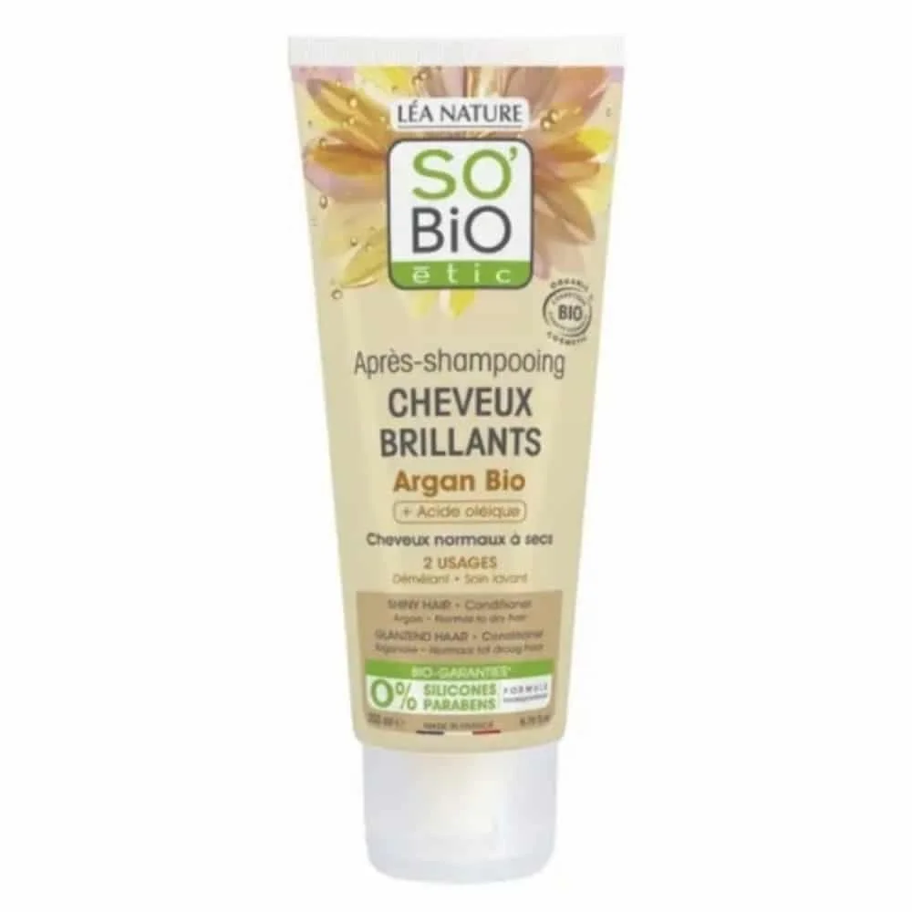 so-bio-apres-shampoing-cheveux-brillants-argan-et-acide-oleique-bio-200ml.jpg Tube beige So'Bio étic après-shampooing Cheveux Brillants argan bio 200 ml