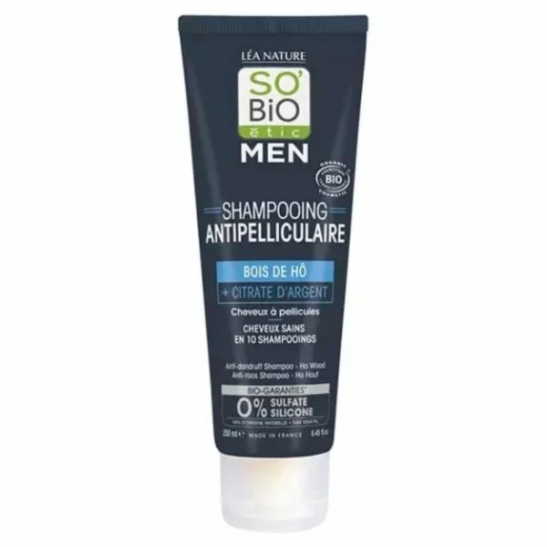Tube bleu nuit So'Bio étic Men shampooing antipelliculaire bois de Hô 250 ml