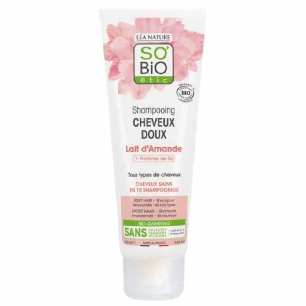 so-bio-shampoing-cheveux-doux-lait-d-amande-et-proteines-de-riz-bio-250ml.jpg Tube blanc et rose So'Bio étic shampooing Cheveux Doux lait d'amande 250 ml