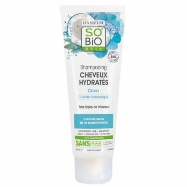 Tube blanc et bleu So'Bio étic shampooing Cheveux Hydratés coco acide hyaluronique