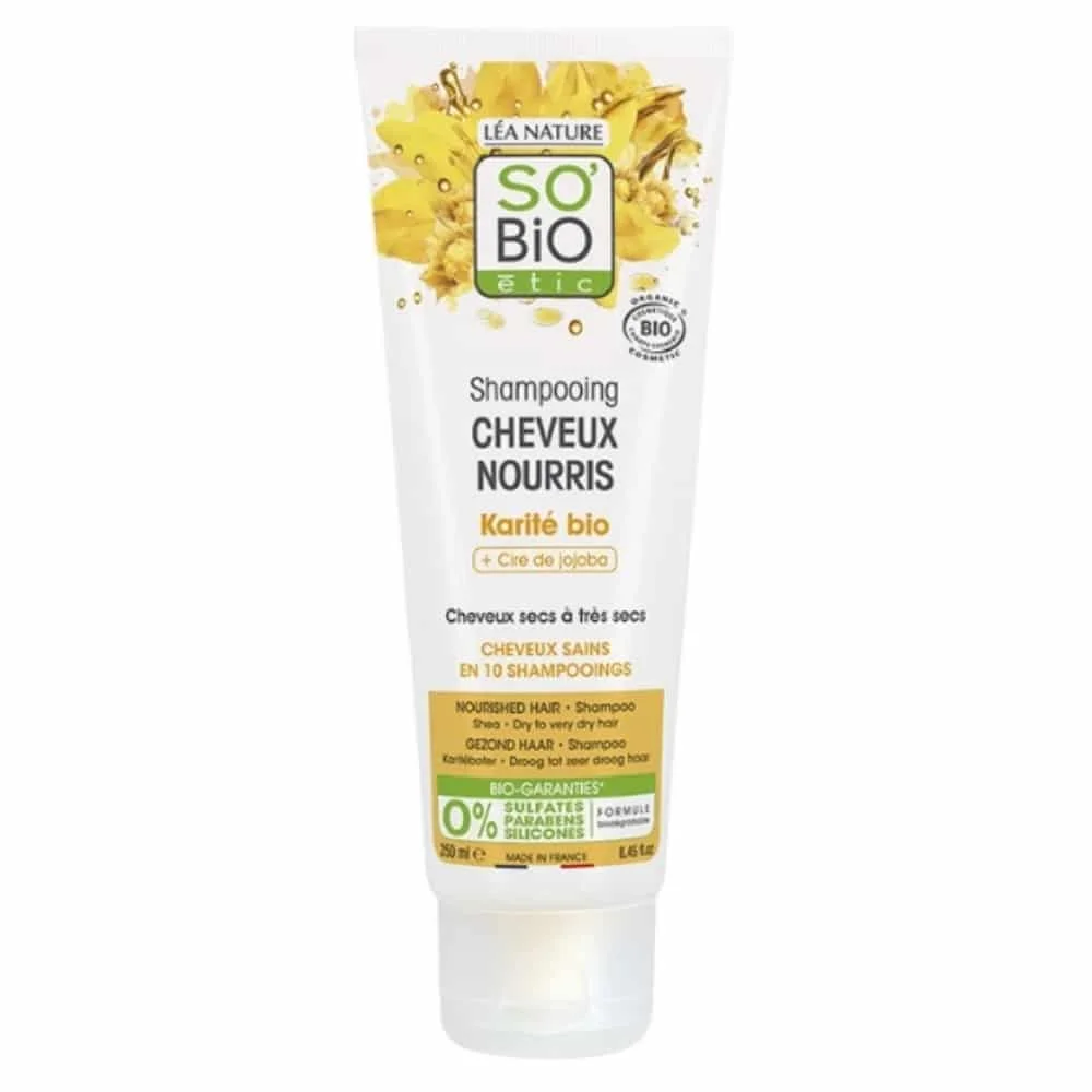 so-bio-shampoing-cheveux-nourris-karite-et-cire-de-jojoba-bio-250ml.jpg Tube blanc et jaune So'Bio étic shampooing Cheveux Nourris karité bio 250 ml