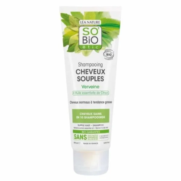 Tube blanc et vert So'Bio étic shampooing Cheveux Souples verveine citron 250 ml