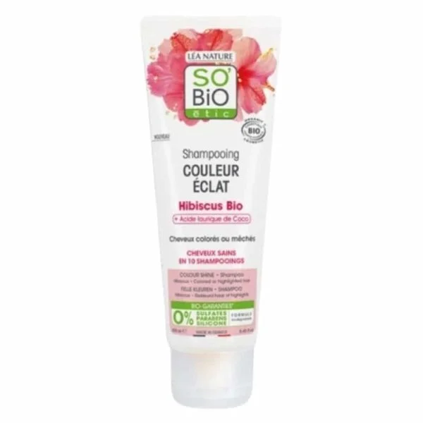 Tube blanc et rose So'Bio étic shampooing Couleur Éclat hibiscus bio 250 ml