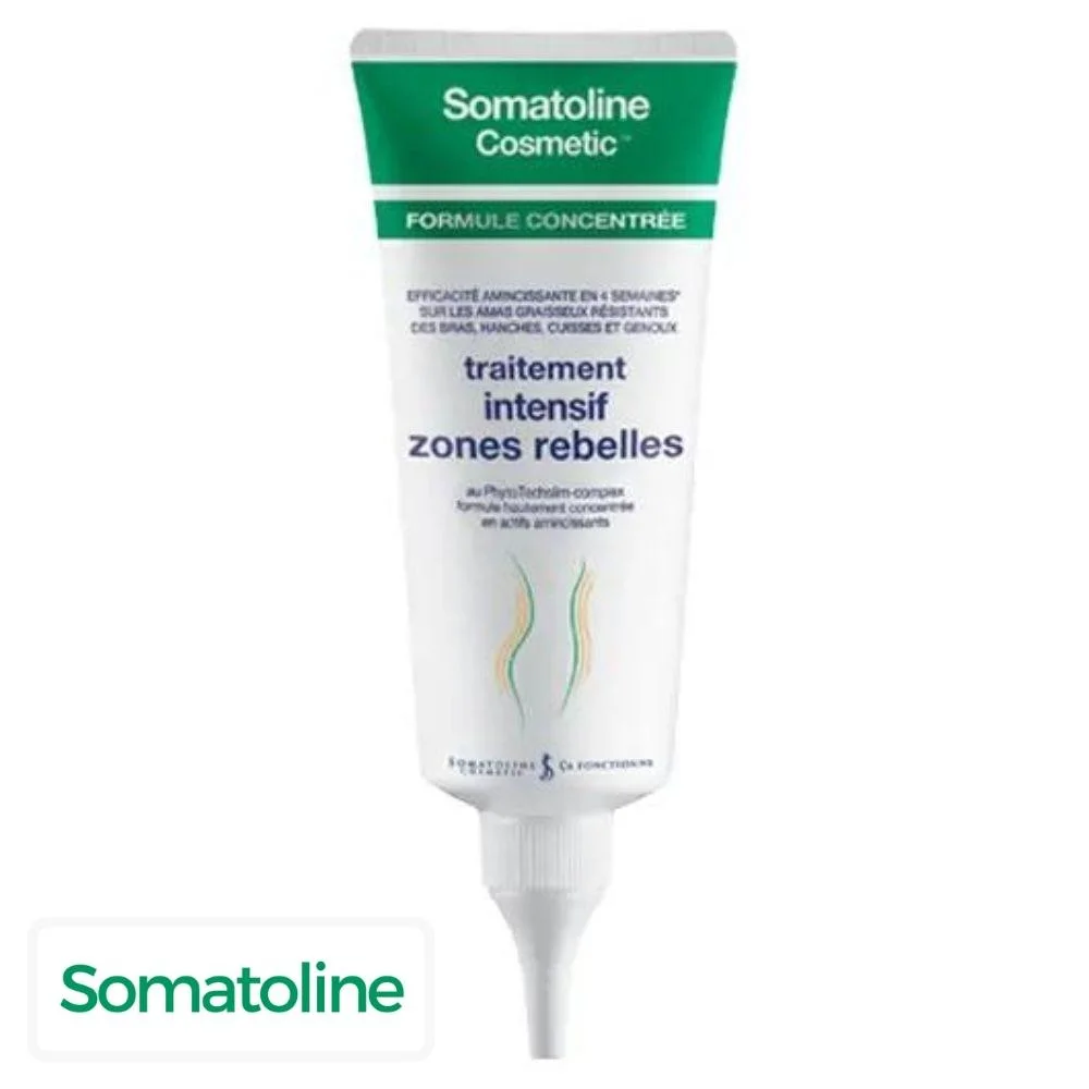 somatoline-cosmetic-traitement-intensif-zones-rebelles-100ml.jpg Tube blanc et vert Somatoline Cosmetic soin intensif zones rebelles formule concentrée
