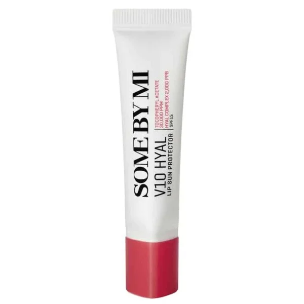 Tube blanc Some By Mi V10 Hyal Lip Sun Protector SPF15 à embout rouge