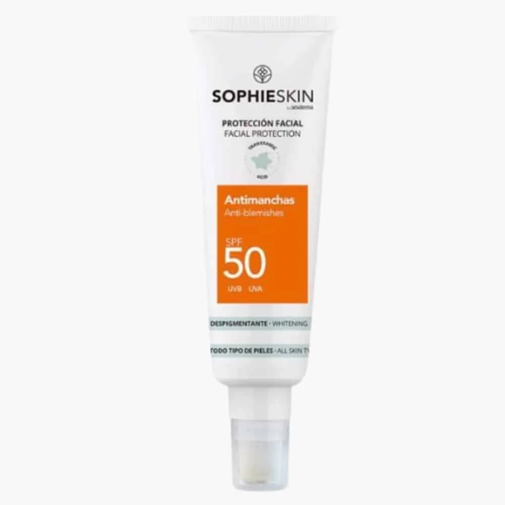 sophieskin-creme-solaire-anti-taches-anti-imperfections-spf50-50ml.jpg Tube blanc Sophieskin protection facial Antimanchas SPF50 avec bandeau orange