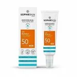 Tube et étui Sophieskin Oil Balance SPF50 protection facial bandeau orange et bleu