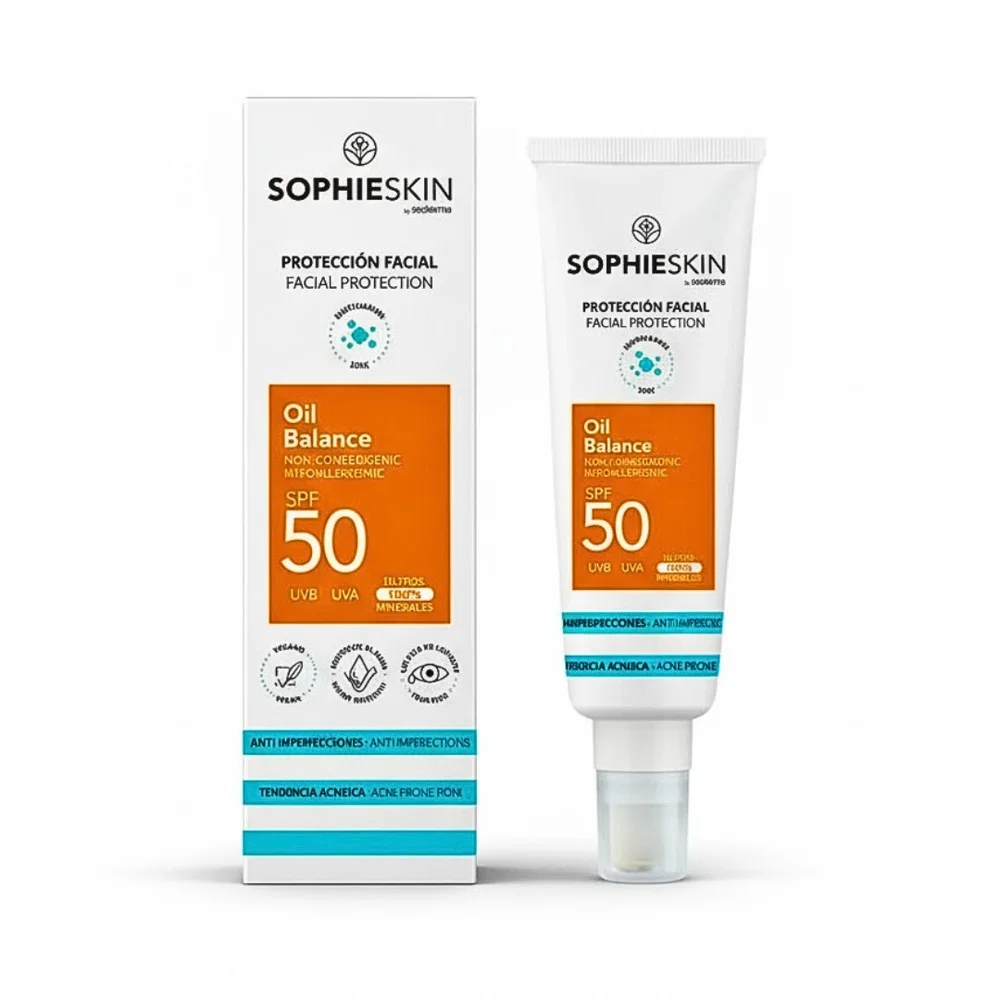 sophieskin-oil-balance-spf50-50ml.jpg Tube et étui Sophieskin Oil Balance SPF50 protection facial bandeau orange et bleu