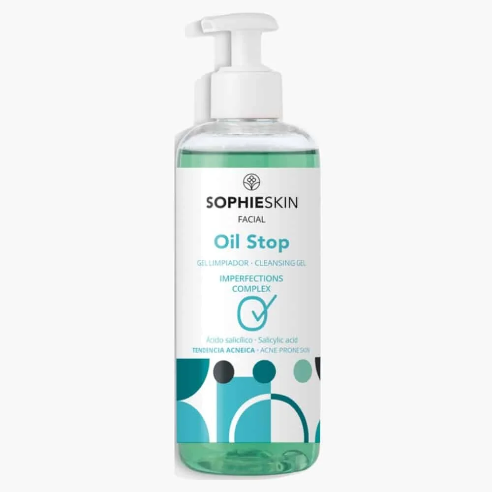 sophieskin-oil-stop-gel-nettoyant-complexe-anti-imperfections-250ml.jpg Flacon pompe Sophieskin Oil Stop gel nettoyant visage au gel vert transparent