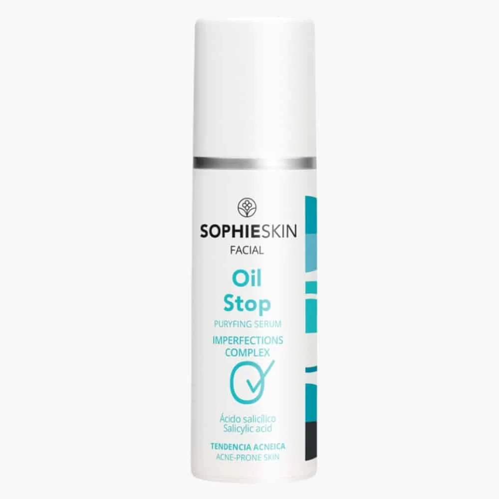 sophieskin-oil-stop-serum-purifiant-complexe-anti-imperfections-30ml.jpg Flacon blanc Sophieskin Oil Stop sérum purifiant visage avec motifs bleu turquoise