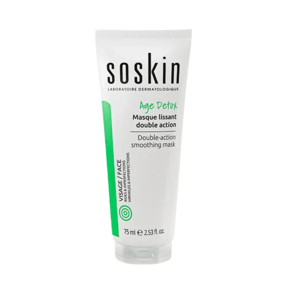 soskin-masque-lissant-double-action-75ml.jpg Tube blanc Soskin Age Detox masque lissant double action 75 ml bande verte