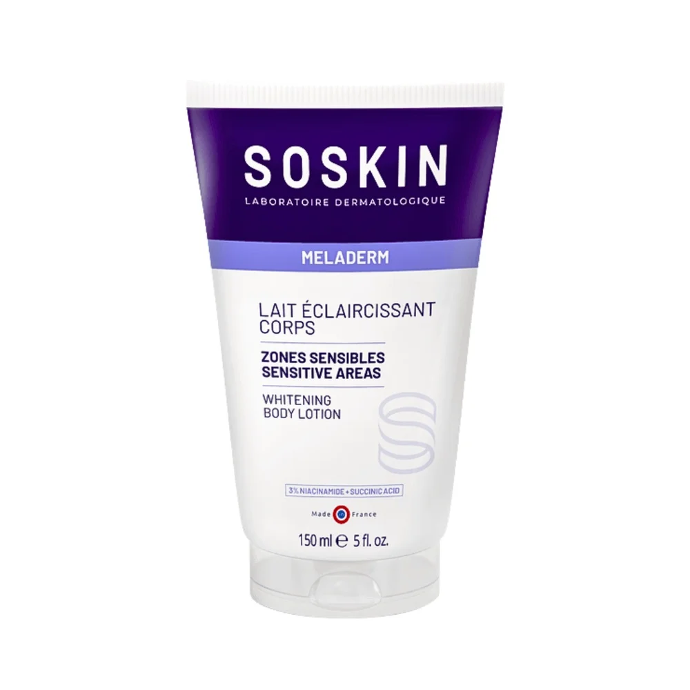 soskin-meladerm-lait-eclairecissant-corps-150ml.jpg Tube Soskin Meladerm lait éclaircissant corps 150 ml, bandeau violet et blanc