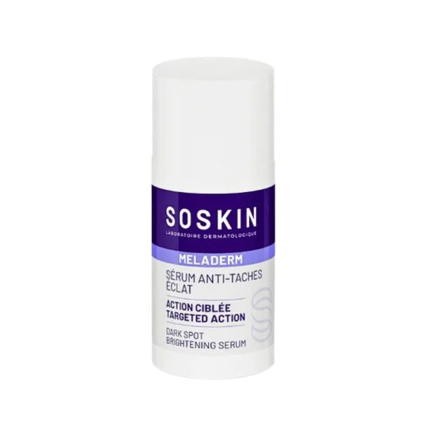 Flacon Soskin Meladerm sérum anti-taches éclat, bouchon blanc et bandeau violet