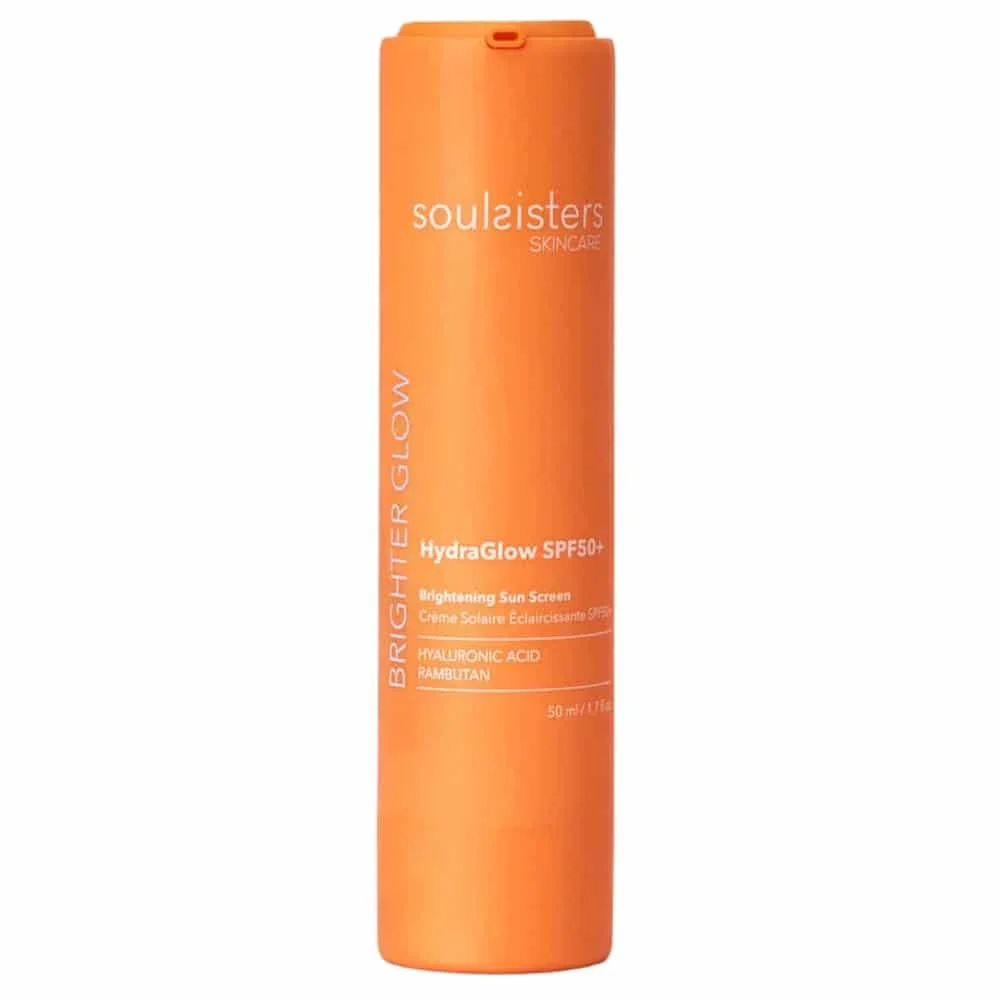soulsisters-brighter-glow-hydra-glow-ecran-solaire-eclaircissant-spf50-50ml.jpg Flacon orange Soulsisters HydraGlow SPF50+ crème solaire éclaircissante 50 ml