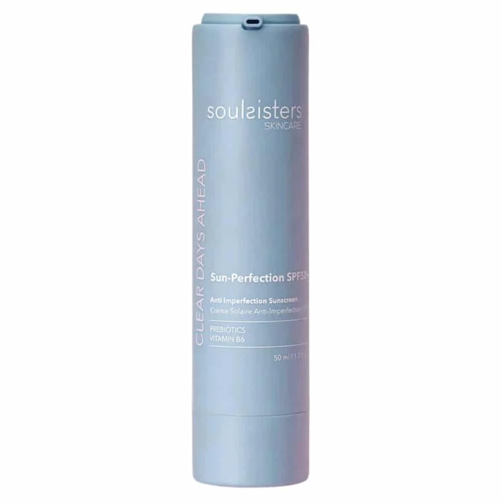 soulsisters-clear-days-ahead-sun-perfection-ecran-solaire-anti-imperfections-spf50-50ml.jpg Flacon bleu Soulsisters Clear Days Ahead Sun-Perfection SPF50+ crème solaire 50 ml