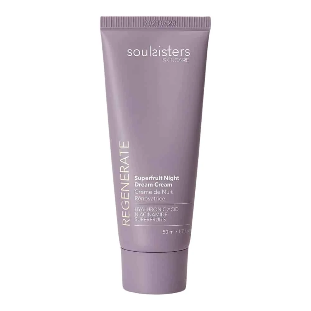 soulsisters-regenerate-creme-de-nuit-renovatrice-50ml.jpg Tube mauve Soulsisters Regenerate crème de nuit rénovatrice Superfruit 50 ml