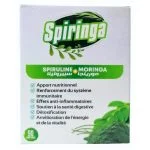 Boîte Spiringa Spiruline et Moringa, visuel vert, poudre et feuilles de moringa