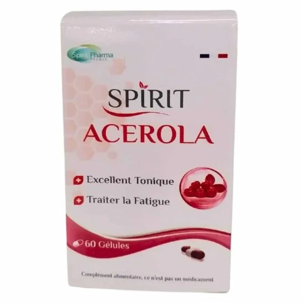 Étui blanc et rouge Spirit Acérola 60 gélules fruits rouges illustrés